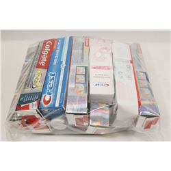 LARGE BAG OF ASSORTED TOOTHPASTES.