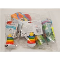 BAG OF ASSORTED SPILL PROOF CUPS AND BABY TOYS.