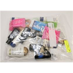 BAG OF TRAVEL SIZE BEAUTY ITEMS.