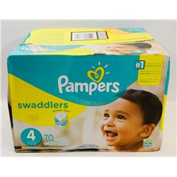 BOX OF PAMPERS SWADDLERS SIZE 4, 70 IN BOX.