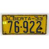 Image 1 : 1933 ALBERTA LICENSE PLATE