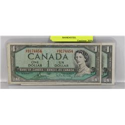 LOT OF TWO 1954 CANADIAN ONE DOLLAR BANKNOTES.