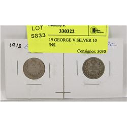 1913 & 1919 GEORGE V SILVER 10 CENT COINS.