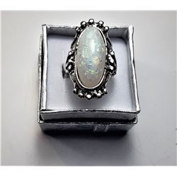 9)  SILVER TONE & WHITE FIRE OPAL RING