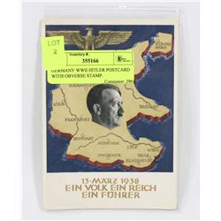 GERMANY WWII HITLER POSTCARD WITH OBVERSE STAMP.
