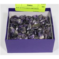 BOX OF POLISHED AMETHYST STONES.