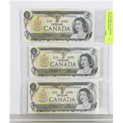 SET OF THREE 1973 CANADIAN ONE DOLLAR SEQUENTIAL