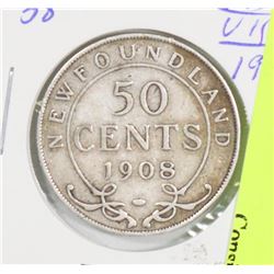 1908 NEWFOUNDLAND EDWARD VII SILVER 50 CENT COIN.