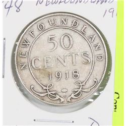 1918 NEWFOUNDLAND GEORGE V SILVER 50 CENT COIN.