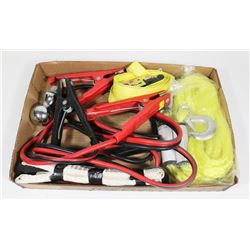 FLAT OF CAR & TRUCK ITEMS - TOW ROPE W/ HOOK &