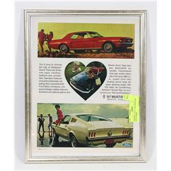 ORIGINAL 10"X 13" 1967 MUSTANG AD IN FRAME.