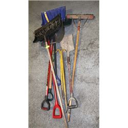 LOT OF SNOW SHOVELS, YARD TOOLS AND CROW BARS