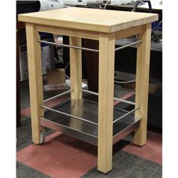 BUTCHER BLOCK ISLAND WITH WHEELS, STAINLESS STEEL