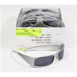 BOX OF SILVER DESIGNER SUNGLASSES W/ BLACK LENSES
