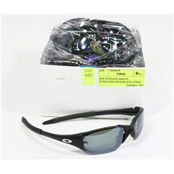 BOX OF BLACK OAKLEY STYLE SUNGLASSES W/BLACK LENSES