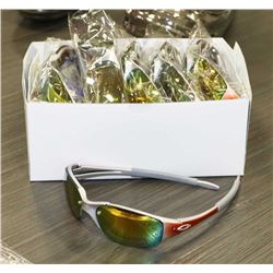 BOX OF ORANGE AND SILVER OAKLEY STYLED SUNGLASSES