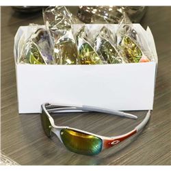 BOX OF ORANGE AND SILVER OAKLEY STYLED SUNGLASSES