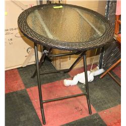 FOLDING WICKER AND GLASS BISTRO STYLE TABLE.