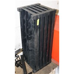 HEAVY DUTY PLASTIC SHELVES. ONE LEG IS DAMAGED.