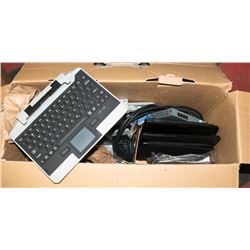BOX OF ASSORTED CABLES, KEYBOARDS AND MORE.
