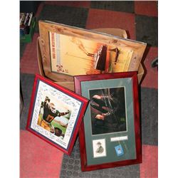 LOT OF FRAMED PICTURES & ONE GOLF TIN INCL