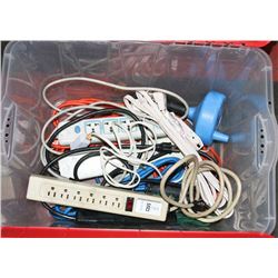 PLASTIC BIN FULL OF CABLES & EXTENSION CORDS