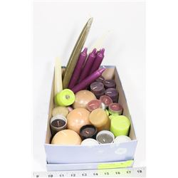 BOX OF ASSORTED CANDLES.