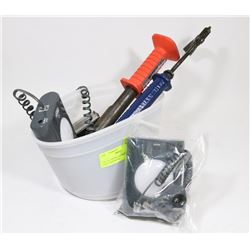 PAIL OF ASSORTED DRILL BITS, TOOLS AND MORE.