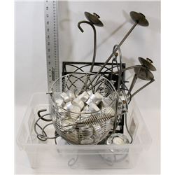 FLAT OF METAL CANDLE HOLDERS WITH BASKET OF TEA