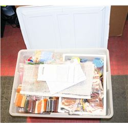 BIN FULL OF RUG HOOKING SUPPLIES INCLUDING WOOL