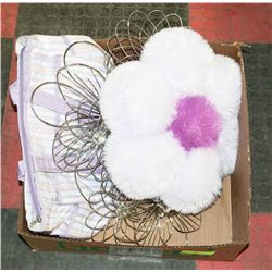 BOX OF PURPLE SHOWHOME DECORATIVE ITEMS.