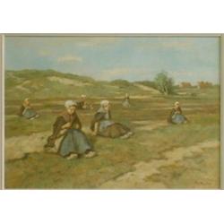 BOUTER, Cornelis, 1888-1966. “Mending the Nets”. Huile sur toile, signée. École