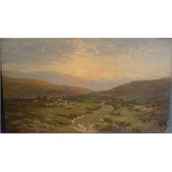 BARRETT, John, Act. 1883. “Nearing Sunset, Dartmoor”. Huile sur toile, signée. Signée et titrée vers