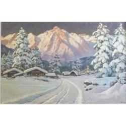 AMBROS, Anton. “Alpine Village at Night”. Huile sur toile, signée. École autrichienne.