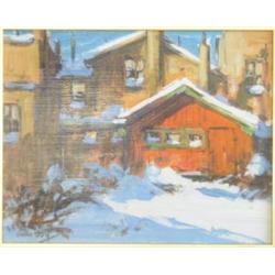 JOY, John, 1925- . “Queen Street West”. Huile sur panneau, signée. Titrée verso.