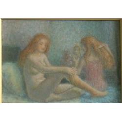 PERRON, Louis Paul, 1919- . “In the Boudoir”. Huile sur panneau, signée.