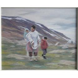 NOEH, Anna, 1926- . “Pangnirtung”. Huile sur panneau, signée et titrée.