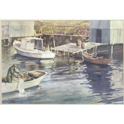 RUIZ, Manuel, 1920- . “Fishing Boats, Nova Scotia”. Aquarelle, signée. Titrée verso.