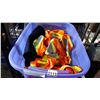 Image 1 : PURPLE TOTE WITH 2 PAIRS OF NEW COVERALLS AND HIGH VIS CLOTHING