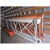 Image 1 : 6 COMMERICAL PALLET RACKING UPRIGHTS, 42 DEEP BY 16 FEET TALL, WITH 9, 9 FOOT CROSS BEAMS