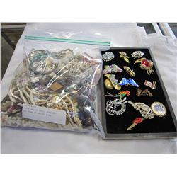 LARGE BAG OF SHELL JEWELLRY AND TRAY OF LADIES PINS