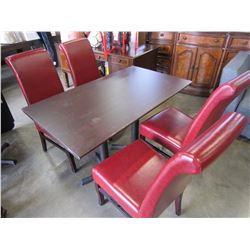 RESTAUARANT TABLE WITH CAST IRON BASE AND 4 RED LEATHER DINING CHAIRS