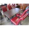 Image 1 : RESTAUARANT TABLE WITH CAST IRON BASE AND 4 RED LEATHER DINING CHAIRS