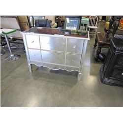 ASHLEY FLOOR MODEL GLASS 2 DRAWER CABINET, ONE PANE IS CRACKED, RETAIL $990