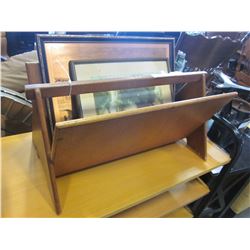 TEAK MAGAZINE RACK AND PRINTS