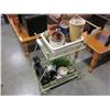 Image 1 : 2 REPRODUCTION CHINESE BRONZE VASES AND GREEN METAL TEA CART W/ CONTENTS