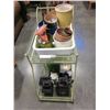 Image 2 : 2 REPRODUCTION CHINESE BRONZE VASES AND GREEN METAL TEA CART W/ CONTENTS
