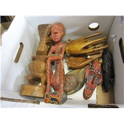 BOX OF WOODEN AFRICAN MASKS AND FIGURES