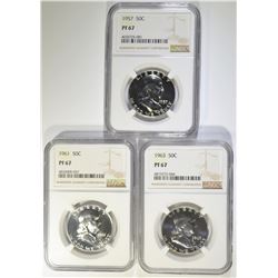 1957, 61 & 63 FRANKLIN HALF DOLLARS, NGC PF-67