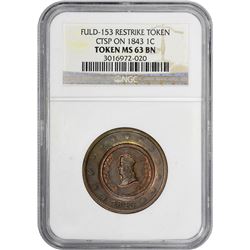 Civil War Token. Patriotic. Fuld Obverse 153 Counterstamped on 1843 Large Cent. MS- 63 BN NGC.